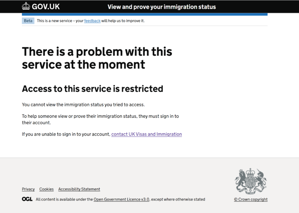 Screenshot of the GOV.UK View and Prove Your Immigration Status service showing a restriction message, highlighting issues with the UK eVisa system during its beta phase