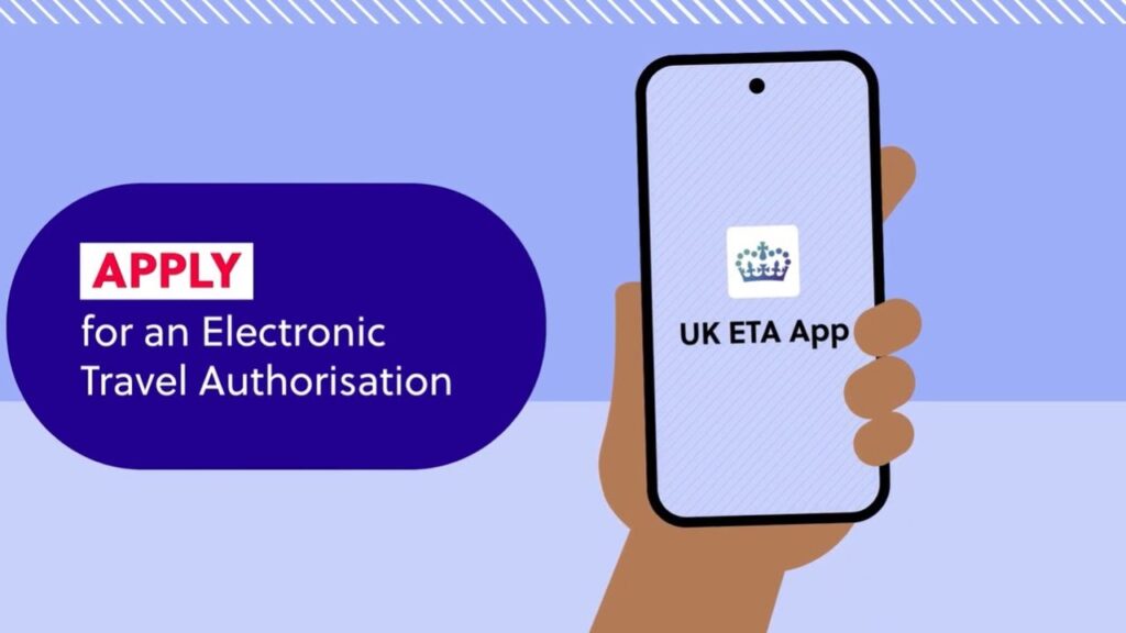 A digital illustration of a hand holding a smartphone displaying the "UK ETA App" logo, with the text "APPLY for an Electronic Travel Authorisation" in bold on the left side of the image against a purple background. The image promotes the UK Electronic Travel Authorisation (ETA) process.