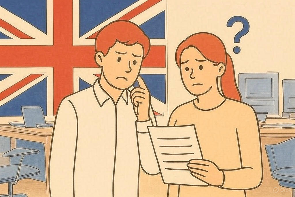 Two concerned individuals reviewing UK visa documents in an office setting, highlighting confusion around the 2025 Skilled Worker visa costs for employers and applicants.
