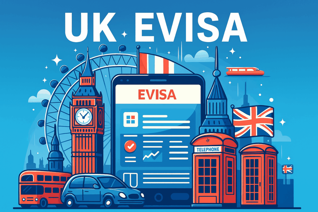 UK immigration update: Side-by-side comparison of a passport vignette sticker (left) and digital eVisa interface (right), illustrating the transition from physical to digital UK visa documents effective July 2025.