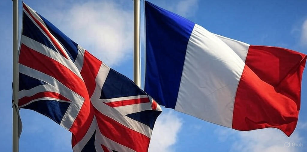 UK and France flags waving against a blue sky, symbolising the bilateral agreement underpinning the Appendix UK/European Applicant Transfer Scheme.