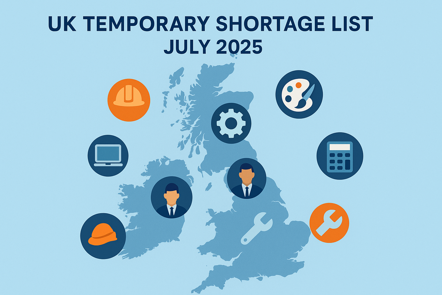 Infographic of the UK Temporary Shortage List showing a UK map with icons for construction, IT, engineering, creative, finance, and skilled trades, July 2025.