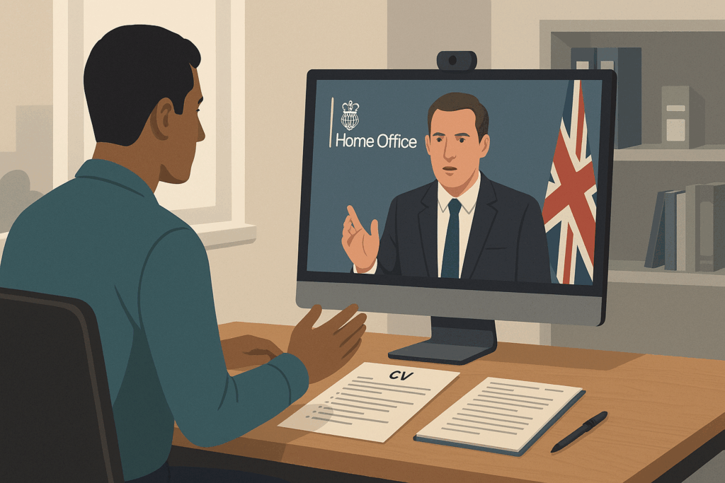 Skilled Worker visa applicant preparing for Home Office questions in a virtual interview, demonstrating job knowledge, skills and compliance requirements.