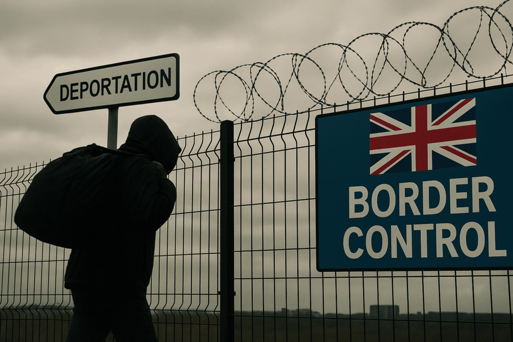 Border Control sign with a Union Jack on a metal fence topped with barbed wire, alongside a deportation arrow sign and a hooded figure carrying a bag under grey skies.