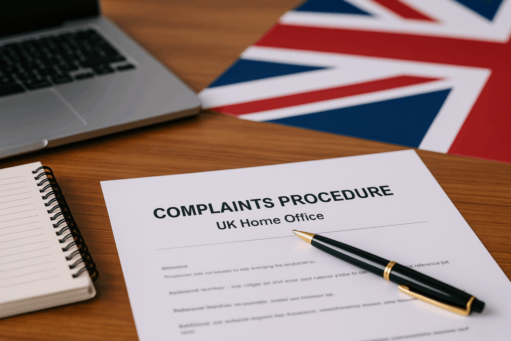 Flat lay of UK Home Office complaints procedure document with pen, laptop, notebook, and glasses on a wooden desk, symbolising official complaint process.