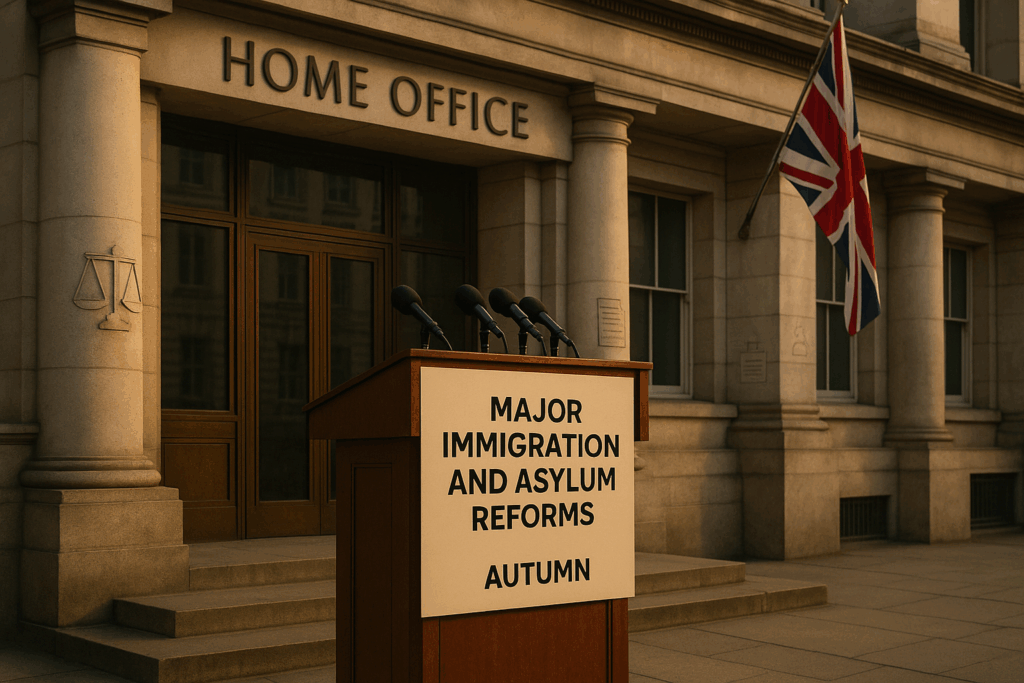 Photorealistic image of the UK Home Office building with a press podium in front announcing the Major Reform of Immigration and Asylum Appeals, symbolising accelerated asylum decisions, legal system overhaul, and government control over migration.