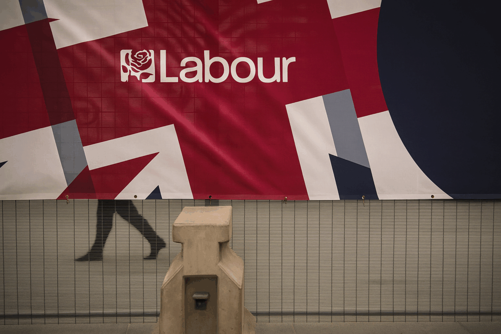 Labour Party banner with Union Jack design, symbolising proposed government reforms to cap skilled migration and lower UK net migration.