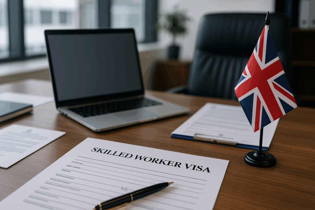 A professional office desk with Skilled Worker visa documents, laptop, and UK flag, symbolising the process of changing employers in the UK.