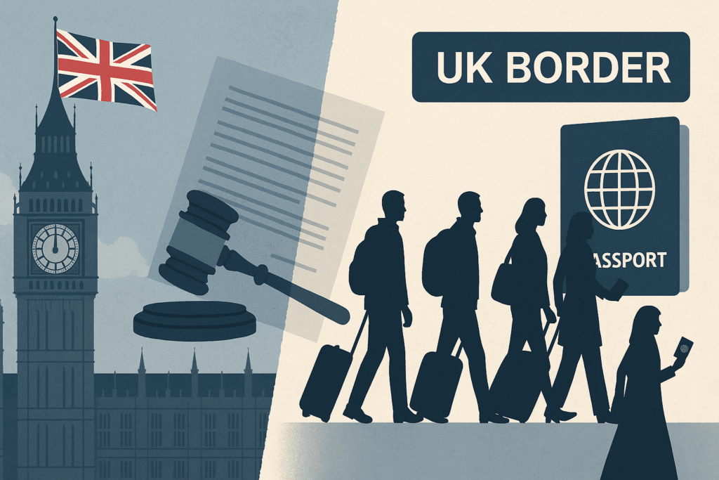 Editorial illustration showing UK deportation issues, with the Houses of Parliament and Union Jack on one side and foreign travellers at a border control on the other, symbolising deportation policies and government enforcement.