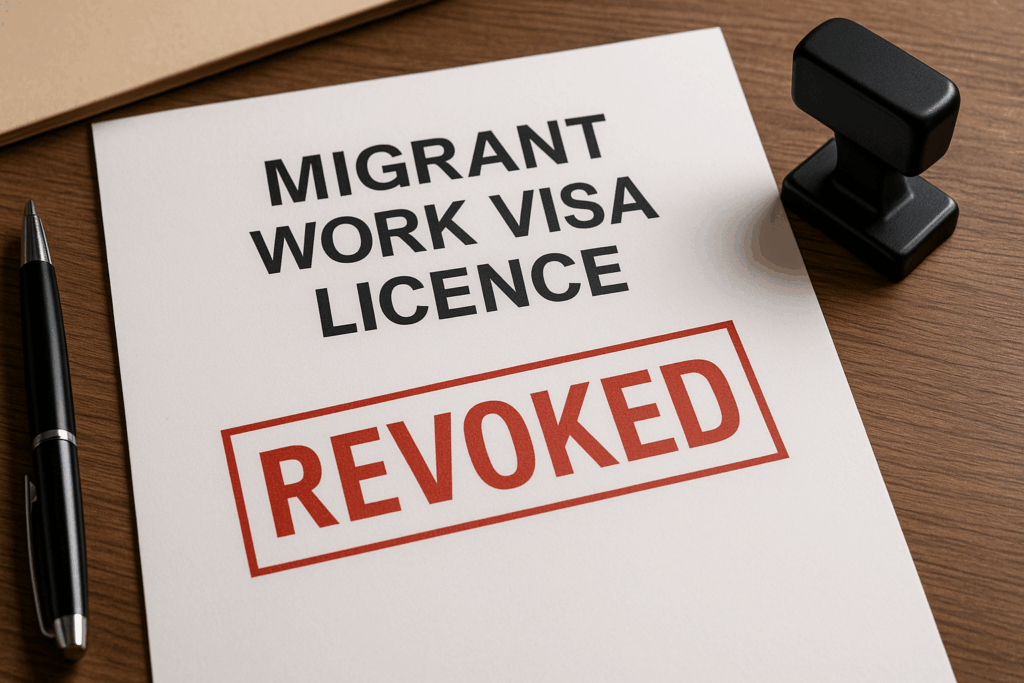 A professional close-up of an official document titled “Migrant Work Visa Licence” stamped with “Revoked” in bold red letters, placed on a wooden desk alongside a pen and stamp, symbolising government enforcement and the crackdown on employer misuse of work visas.