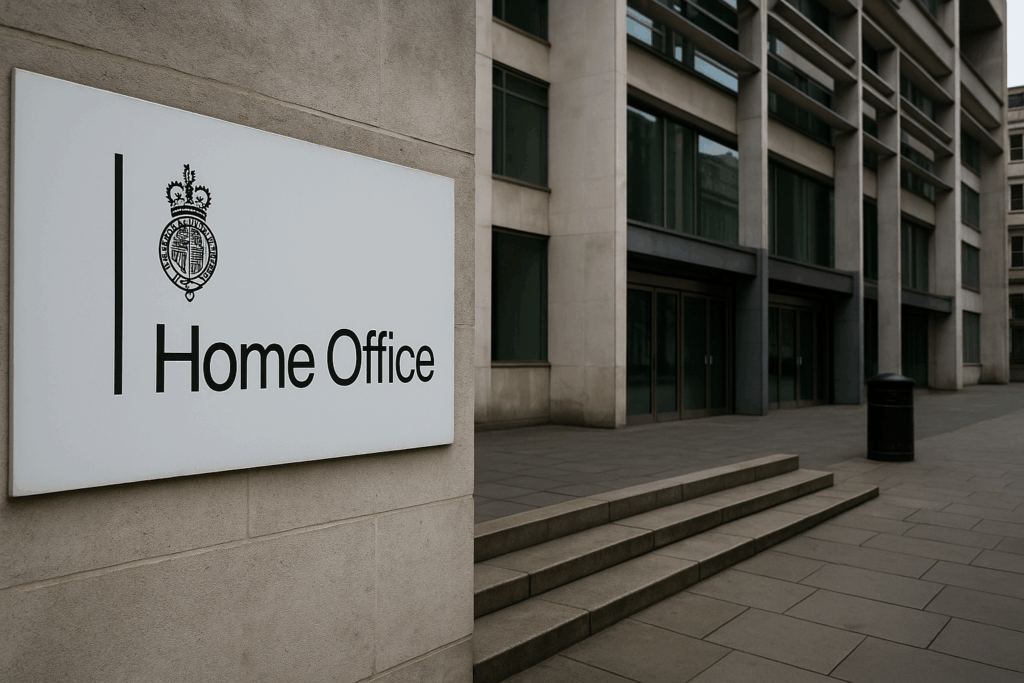 A professional editorial photograph of the UK Home Office building on an overcast day, symbolising government authority and the debate over last-minute asylum appeals.