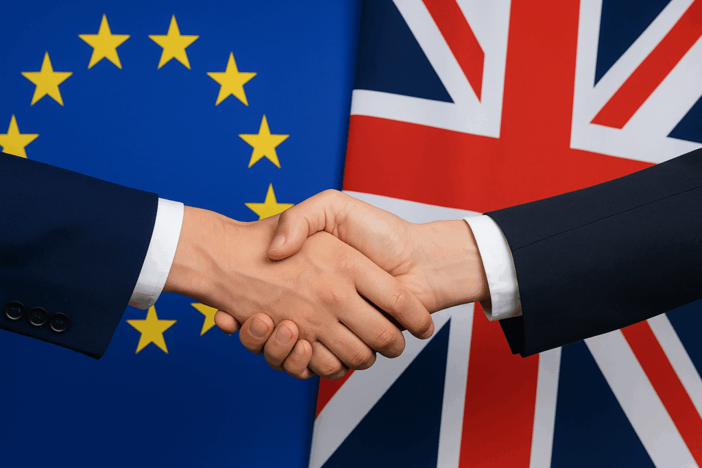 Close-up of a handshake in front of the UK and EU flags, symbolising cooperation and the proposed EU Youth Mobility Deal linked to Rachel Reeves’ Budget strategy.