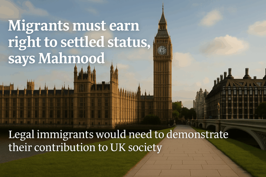 Big Ben and the Houses of Parliament in London with headline text about migrants facing tougher settlement rules under Labour’s new policy.