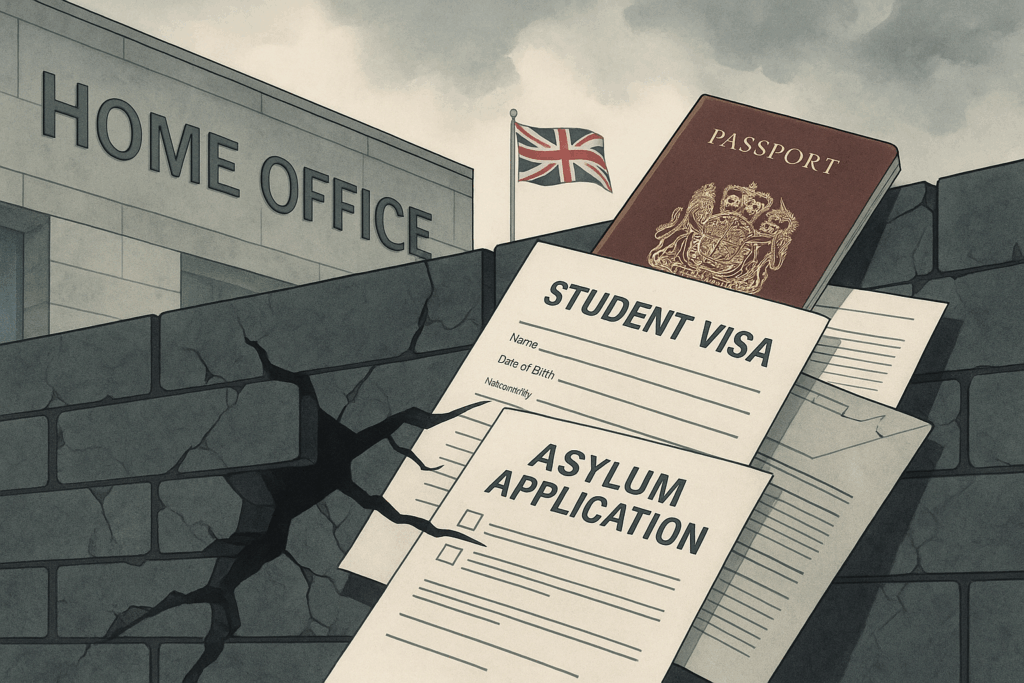 Illustration of UK immigration and asylum system showing student visas, asylum claims, and loopholes, reflecting how international students use asylum to stay in the UK.