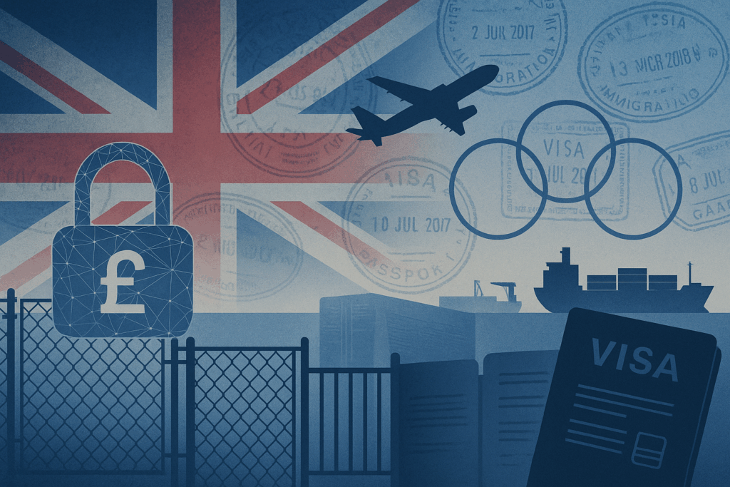 Illustration for “UK to Curb Visas” showing the Union Jack blended with passport stamps, visa documents, a padlock, border fencing, and silhouettes of an airplane and cargo ship, symbolising border security, migration control and Five Eyes cooperation.