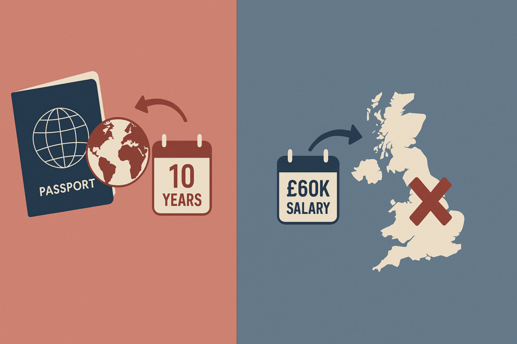A split infographic with a red background on the left and a blue background on the right. On the left side, a UK passport, globe, and calendar marked “10 Years” are shown. On the right side, a UK map with a large red X and a calendar showing “£60K Salary” are displayed. The layout is designed in a vintage flat style with bold contrasts.