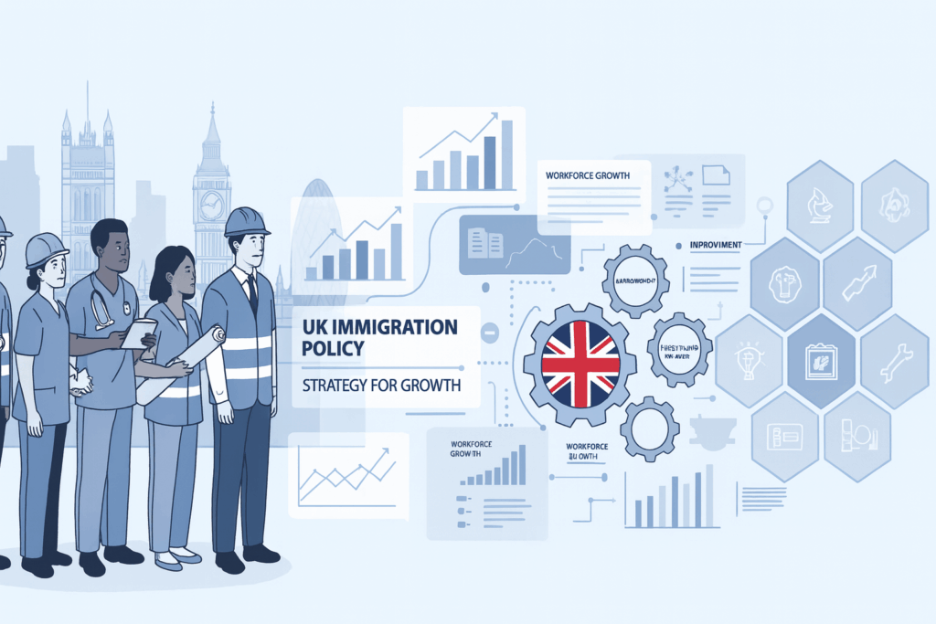A professional image representing the UK’s Temporary Shortage List and immigration policy, showing diverse professionals from healthcare, engineering, and construction sectors collaborating against a London skyline. Charts, gears, and the Union Jack highlight workforce growth, economic progress, and the strategy behind the Migration Advisory Committee’s Temporary Shortage List.