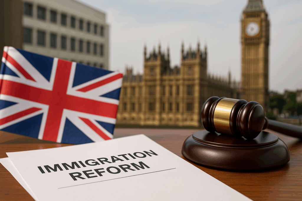 Professional image showing a document titled “Immigration Reform” beside a gavel and UK flag with the Houses of Parliament in the background, illustrating the Home Office immigration rule changes.