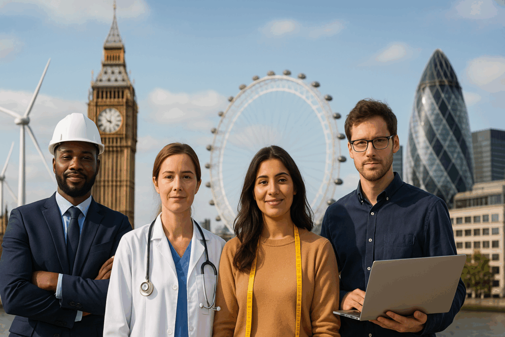 Diverse skilled professionals standing in front of London landmarks like Big Ben and the London Eye, symbolising UK immigration, work opportunities, and the Temporary Shortage List under 2025 visa reforms.