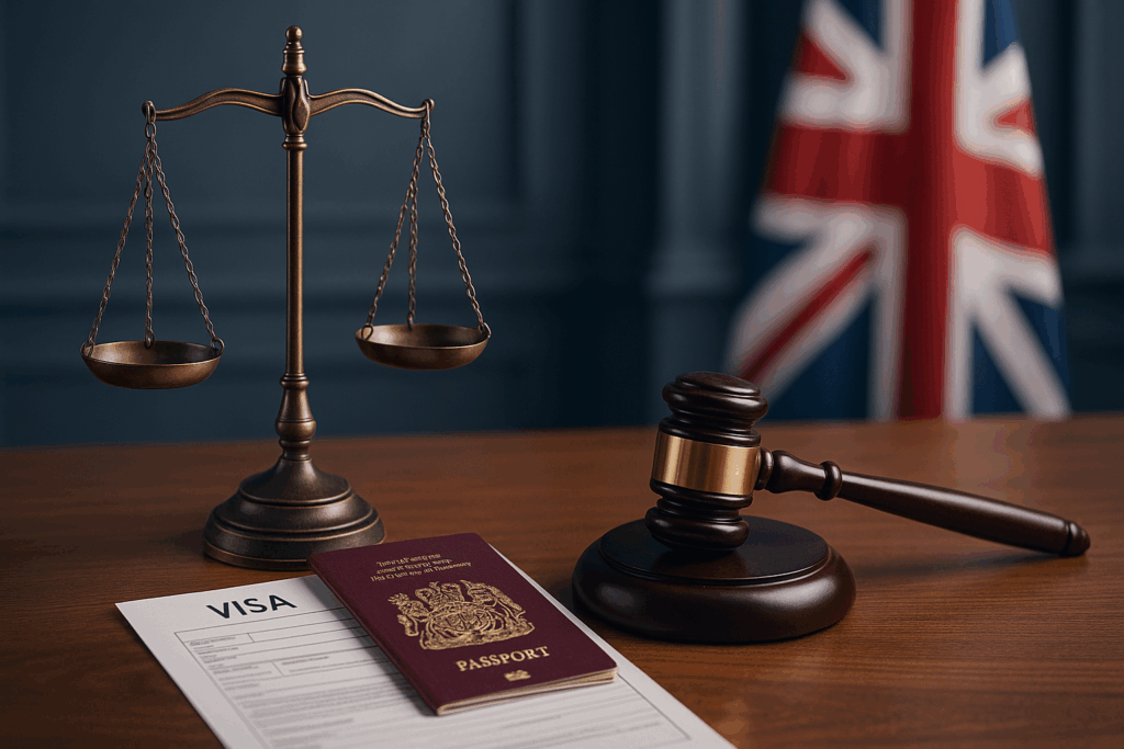 Editorial image representing the government crackdown on Fake Immigration Lawyers in the UK, featuring the Scales of Justice, a gavel, and a British passport symbolising law, integrity, and border security.