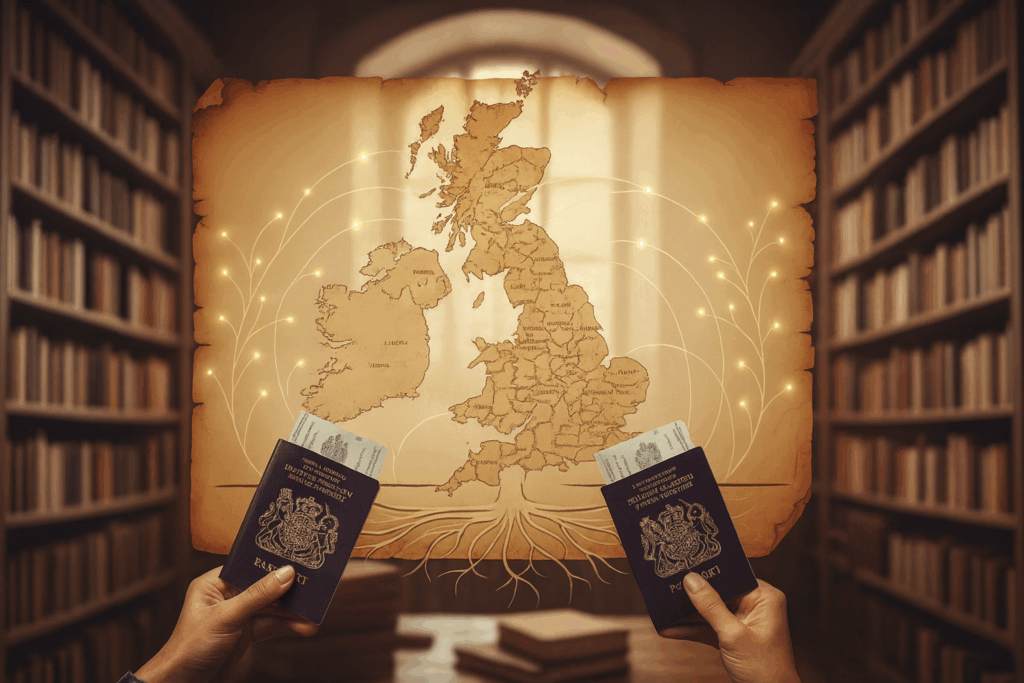 Two hands holding British passports in front of a vintage map of the UK, symbolising heritage, migration and the UK Ancestry Visa process in 2025.