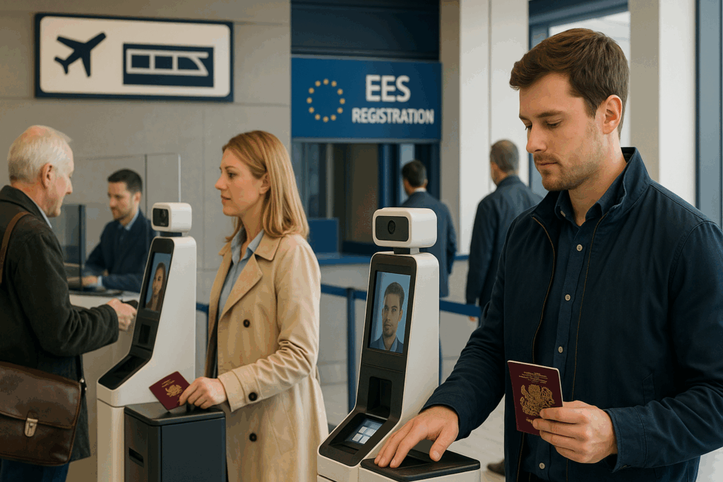 UK travellers completing biometric checks at modern EU border kiosks under the new Entry/Exit System (EES), with signs for EES registration at airport and Eurostar terminals.