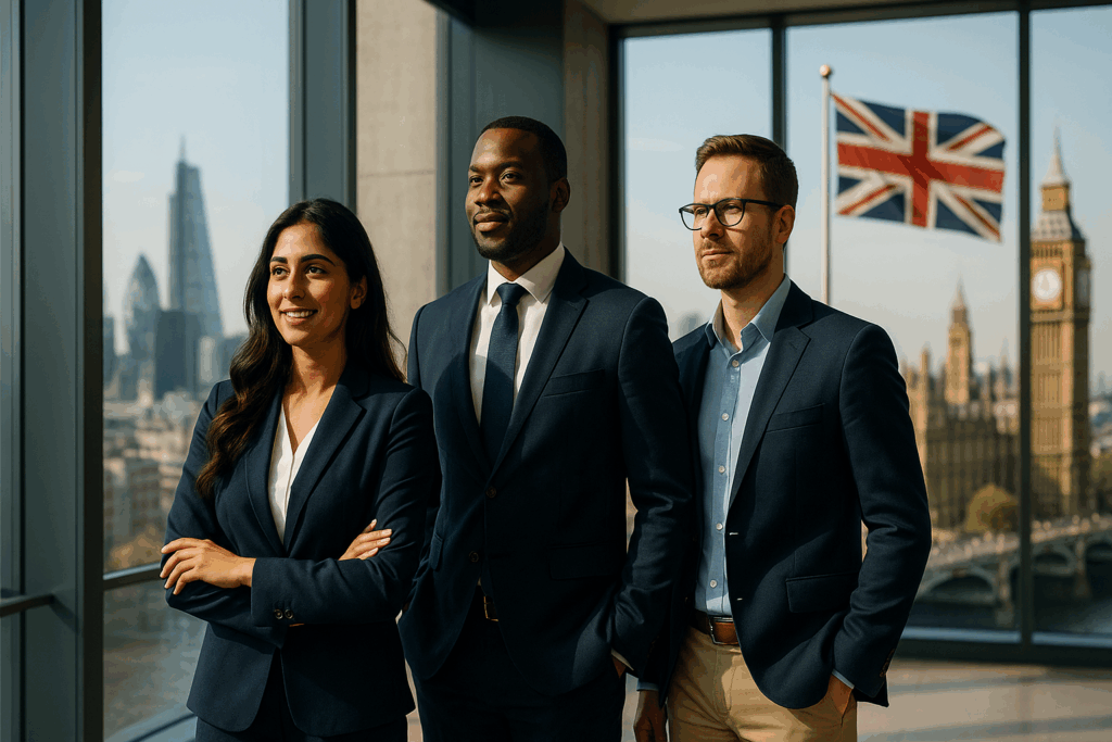 Three diverse business professionals in a modern London office, with the Union Jack and Big Ben visible, symbolising innovation, opportunity, and success under the UK Innovator Founder Visa.