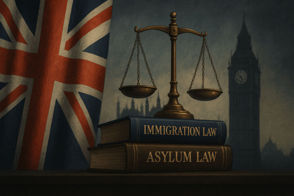 A symbolic image showing the Union Jack, Scales of Justice, and legal books titled “Immigration Law” and “Asylum Law,” illustrating the UK debate on international law.