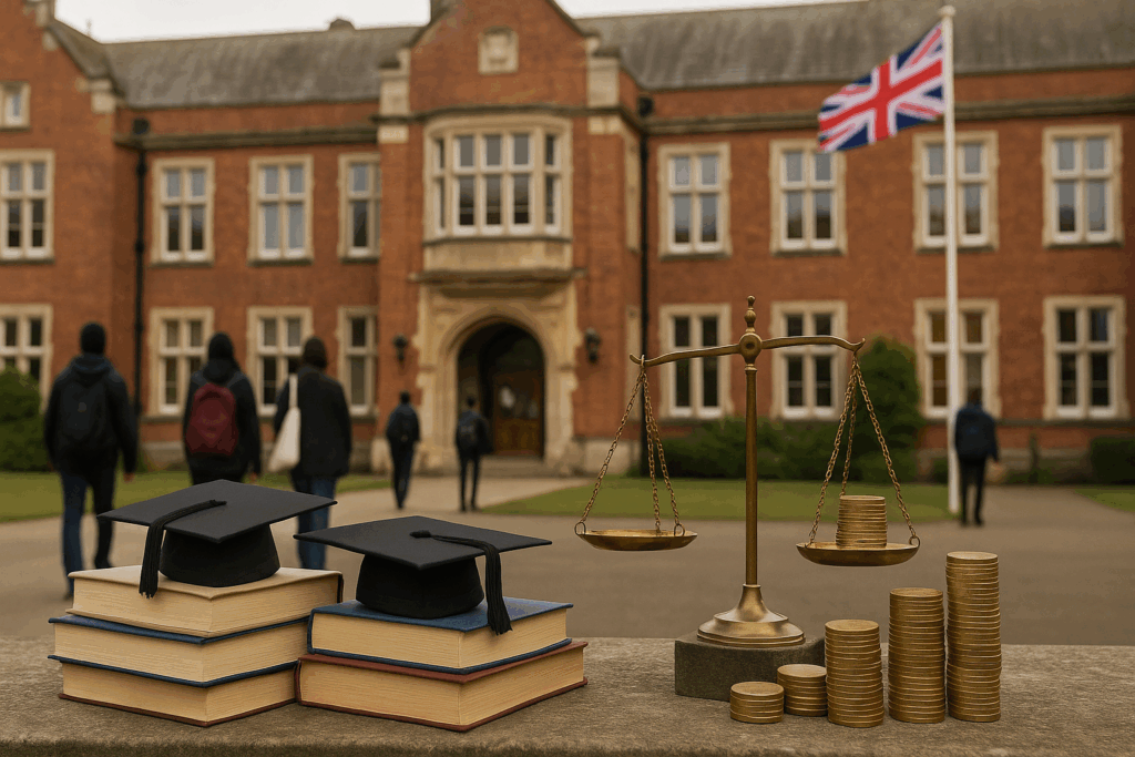 A realistic editorial photograph of a red-brick UK university building with the Union Jack flag, books, graduation caps, and a balance scale symbolising the levy on International Student income funding maintenance grants for British students; muted tones, professional and academic atmosphere.