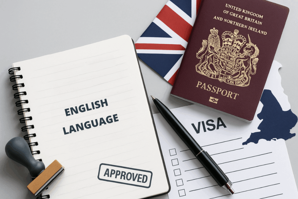 Conceptual image illustrating the new English Language Requirement for UK work visas, featuring a UK passport, Union Jack flag, visa form, and English test paper symbolising immigration reforms.