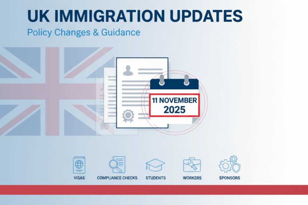 Graphic showing UK immigration updates with a Union Jack background, visa documents, and a calendar marked 11 November 2025, representing key policy changes for students, workers, and sponsors.
