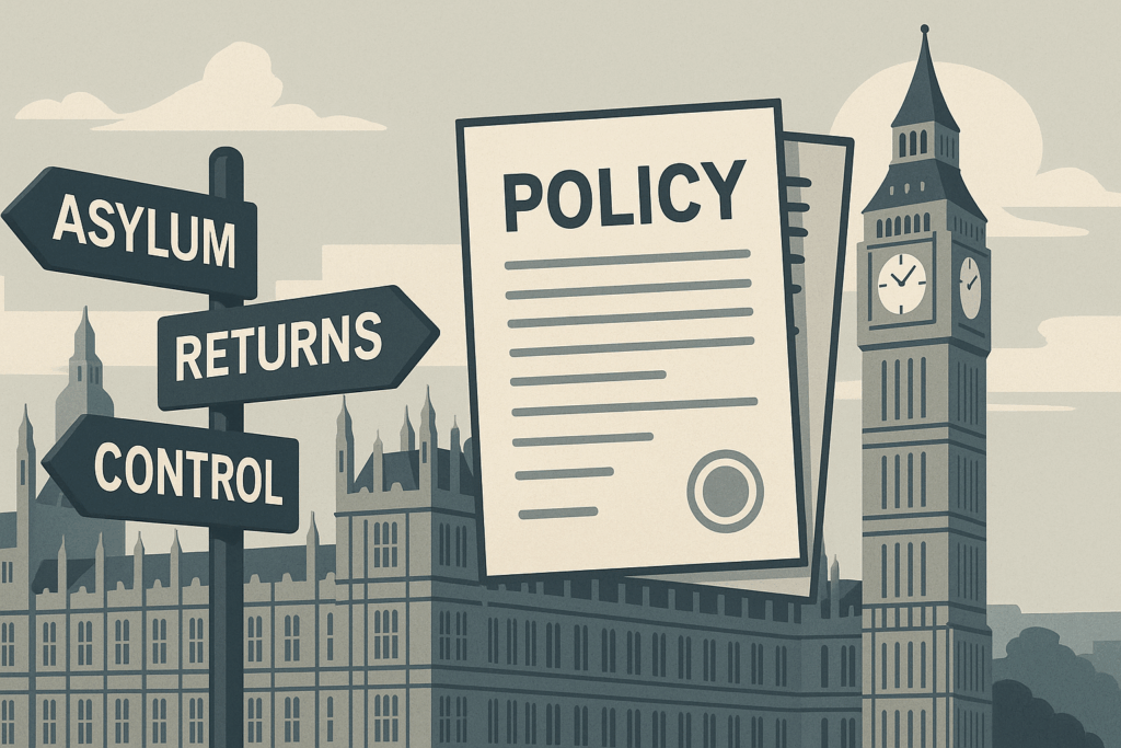 A hyper-realistic image of a printed policy document titled “Restoring Order and Control,” placed on a wooden surface. The visible text outlines key sections of the UK’s Asylum and Returns Policy, highlighting reforms on protection, support and removals, visually reinforcing the article’s analysis of government asylum changes.