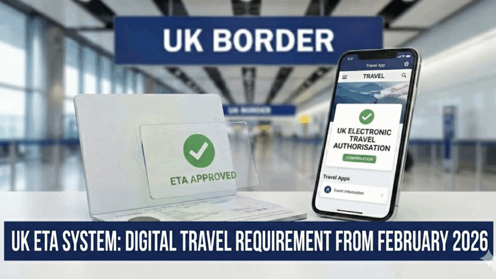 UK border scene showing a passport with ‘ETA approved’ stamp and a phone displaying Electronic Travel Authorisation (ETA) confirmation, highlighting digital entry from Feb 2026.