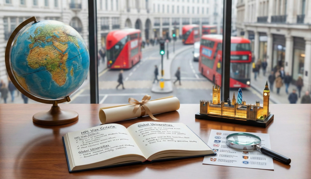 High Potential Individual Visa concept showing global universities, qualification documents and the UK skyline in London