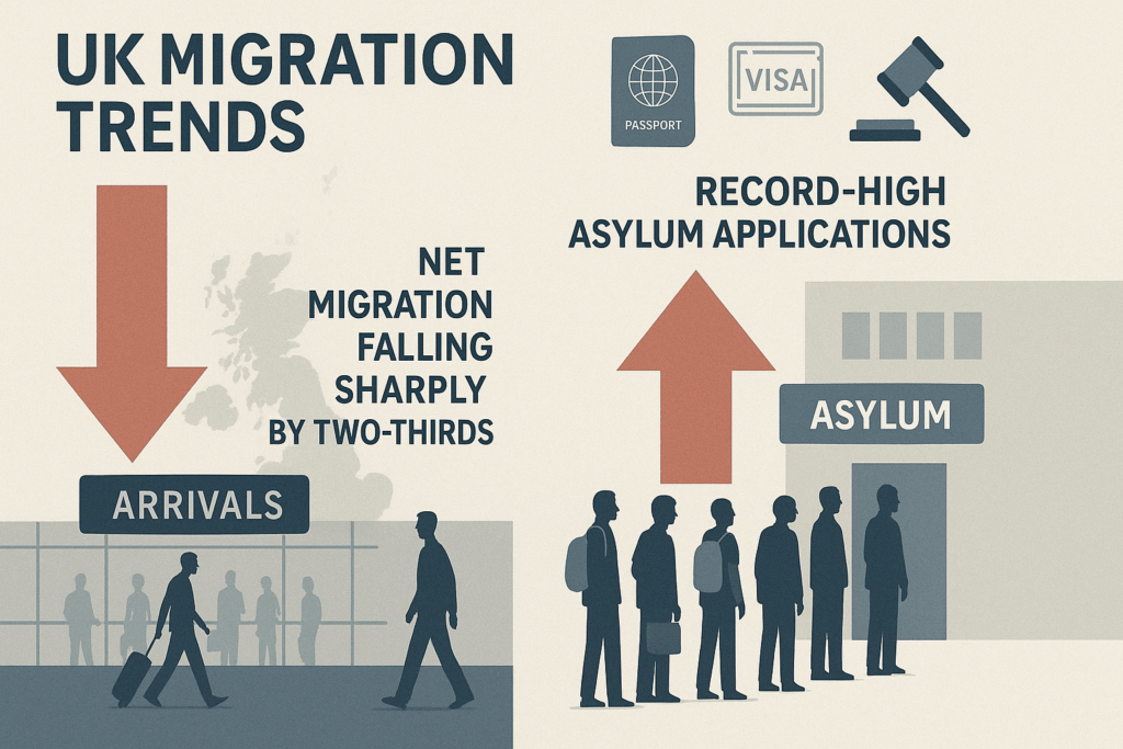 Net Migration editorial infographic showing a split UK migration scene: left side with a downward arrow over UK map and airport arrivals, right side with an upward arrow above an asylum queue, plus passport, visa, and gavel icons in muted navy/grey/red policy style.