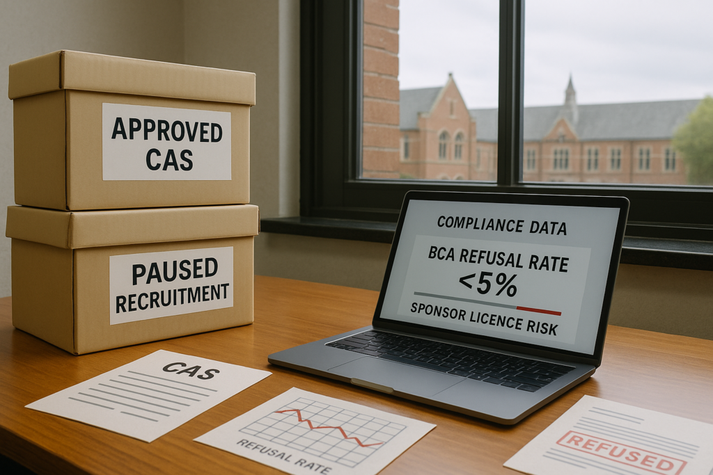 Hyperrealistic desk scene at a British university showing “Approved CAS” and “Paused Recruitment” folders beside a laptop warning of BCA refusal rates below 5%, illustrating the gaps in Home Office oversight pushing universities to manage visa risk.