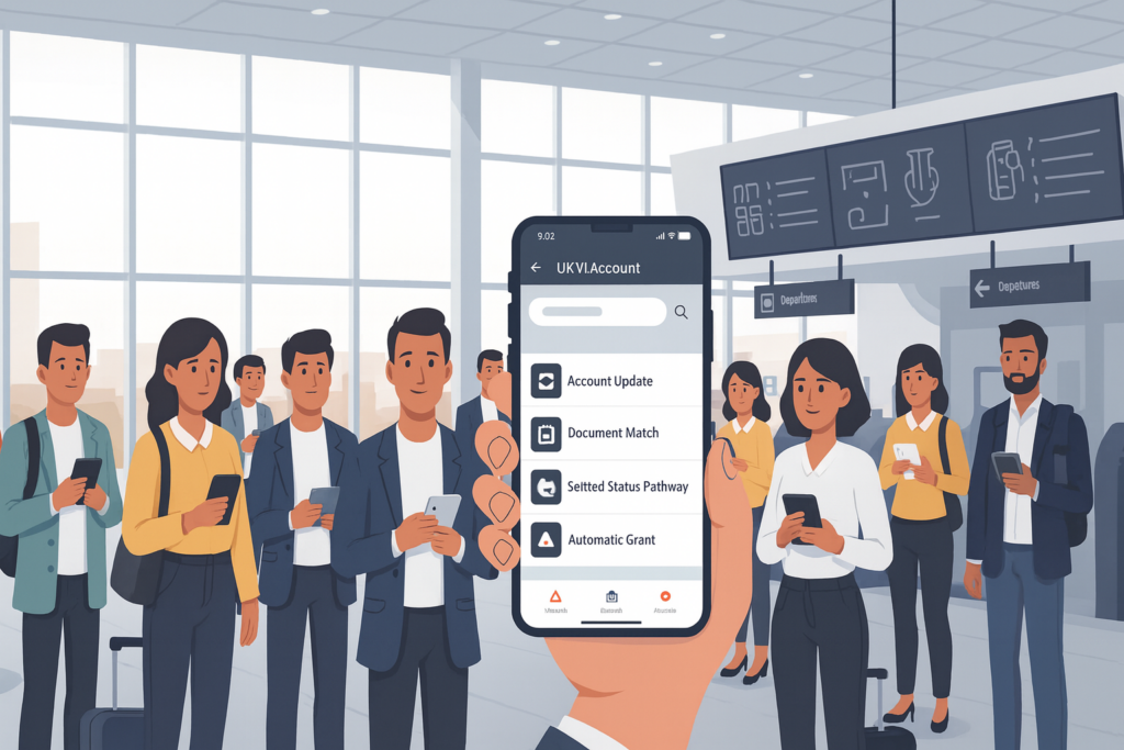 EU Settlement Scheme blog header image showing a diverse group of travellers in a UK airport, holding passports and checking a UKVI account on a smartphone, reflecting account updates for travel and the route from pre-settled to settled status.