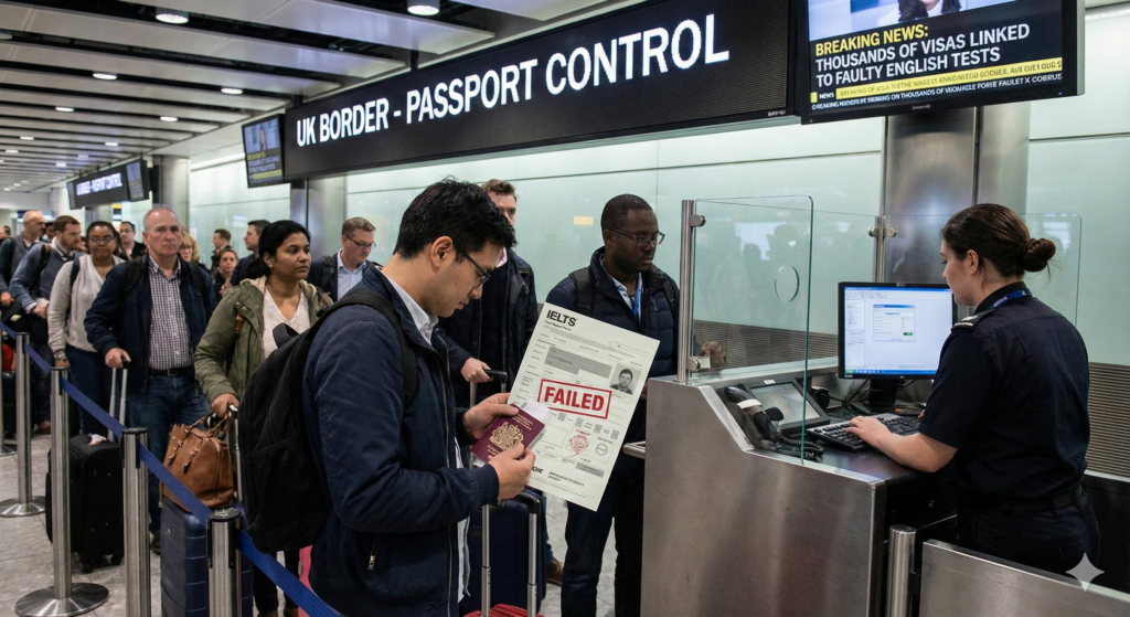 UK border passport control scene showing migrants queuing while an officer checks documents, with an IELTS paper stamped FAILED, illustrating the Failing English Test visa error story.