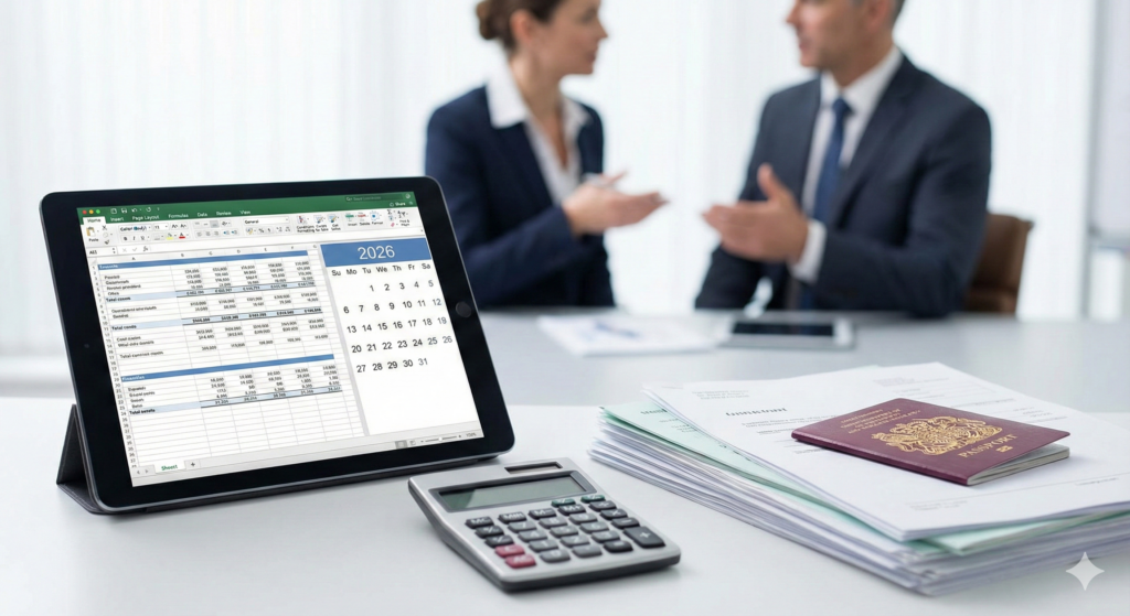 Skilled Worker visas budgeting for 2026 showing a spreadsheet and 2026 calendar on a tablet beside a calculator, documents and a UK passport, with employers discussing in the background.