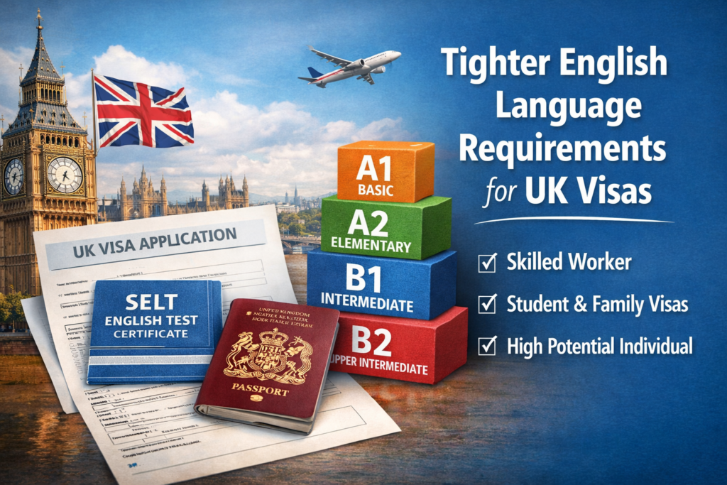 Illustration showing UK visa documents, CEFR English language levels and London landmarks representing higher English language requirements for UK visa routes.