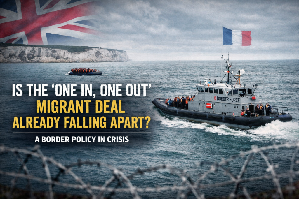 British Border Force patrol boat monitoring a small migrant dinghy crossing the English Channel, illustrating the UK-France ‘One In, One Out’ migrant deal and ongoing border policy challenges.