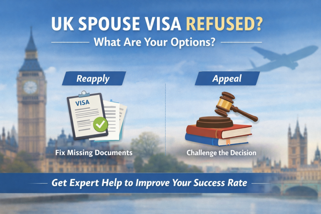 Infographic showing options after a spouse visa refusal in the UK, including reapplying or appealing, with London landmarks in the background.