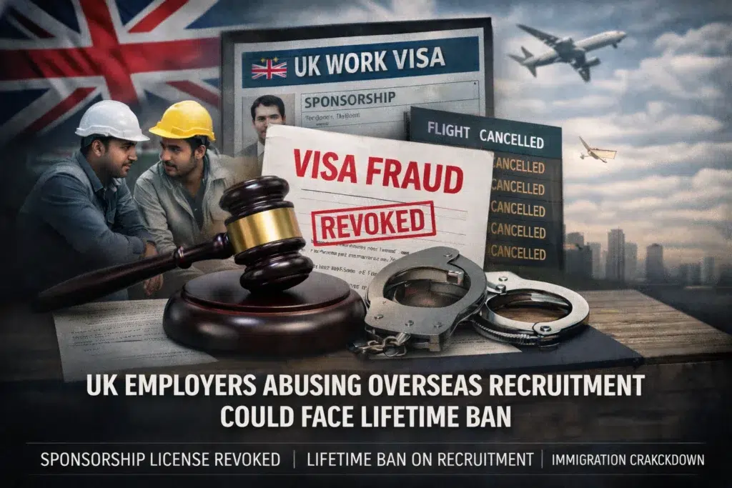 Graphic illustrating UK employers facing a potential lifetime ban for fraudulent visa sponsorship, featuring a revoked work visa stamp, legal gavel, and overseas recruitment theme.