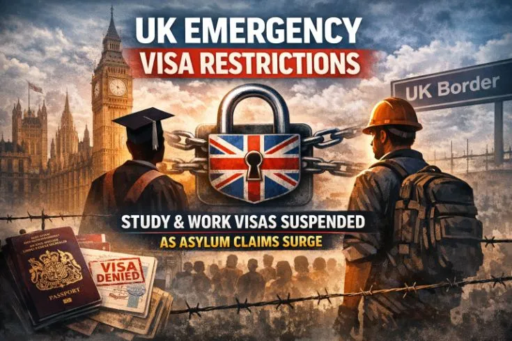 Illustration showing UK visa restrictions with a large padlock featuring the Union Jack, silhouettes of a student figure and a worker figure, UK Parliament buildings in the background, a UK Border sign, and documents including a passport and a visa denial stamp, representing the suspension of study and work visas