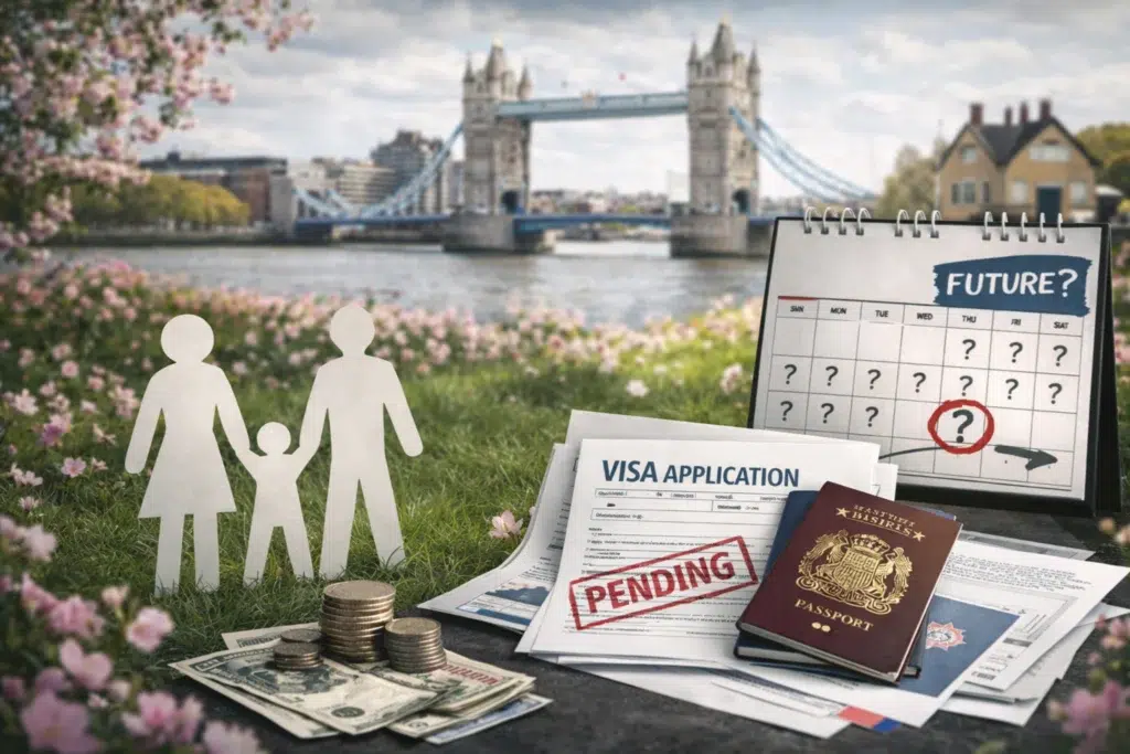 Illustration of Earned Settlement showing a paper-cut family, UK visa application marked pending, passport, and calendar highlighting uncertainty around settlement and ILR in the UK
