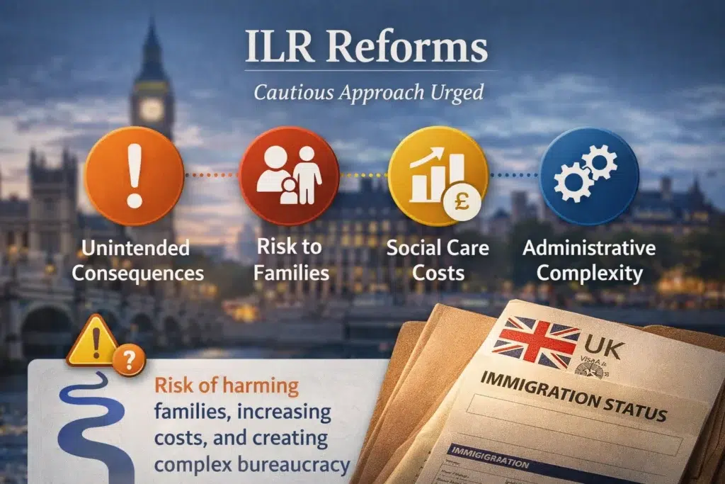 Infographic on ILR reforms highlighting earned settlement risks including unintended consequences, impact on families, social care costs, and administrative complexity in the UK