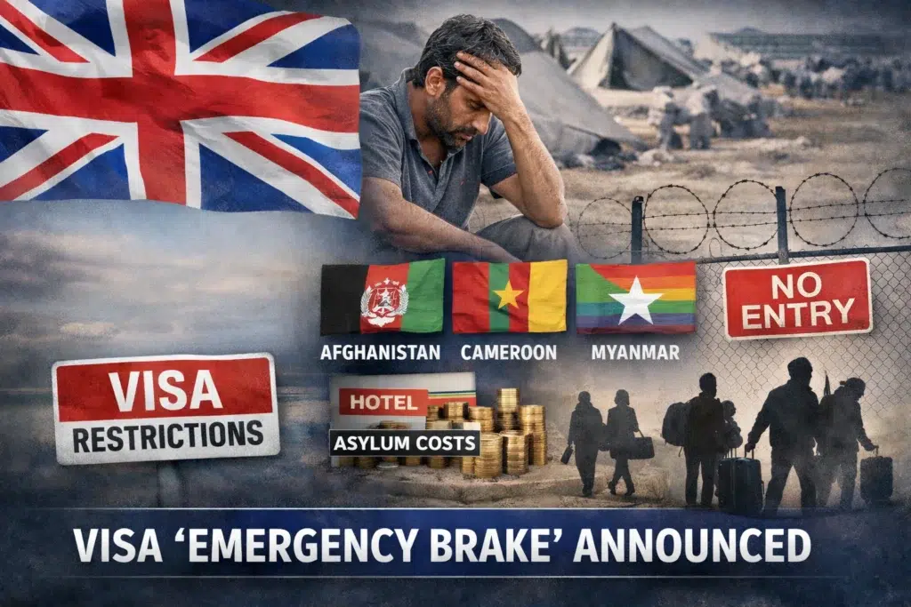 Illustration of UK immigration policy changes showing visa restrictions and migration themes as the UK Government Suspends Study Visas for nationals from four countries after rising asylum claims.