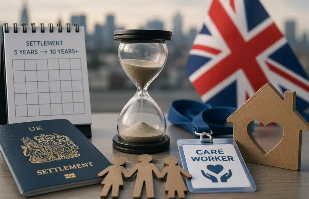 Leaflet campaign concept image showing UK passport, hourglass and care worker badge representing migrant care workers protesting settlement delays