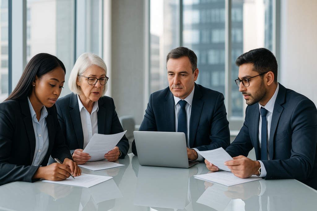 Business professionals in a modern office reviewing sponsor licence compliance documents