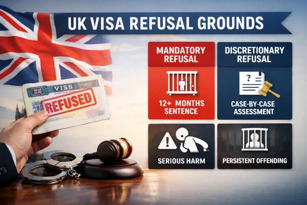 Infographic showing UK visa refusal grounds including suitability requirements, criminality, mandatory and discretionary refusal rules (2026)